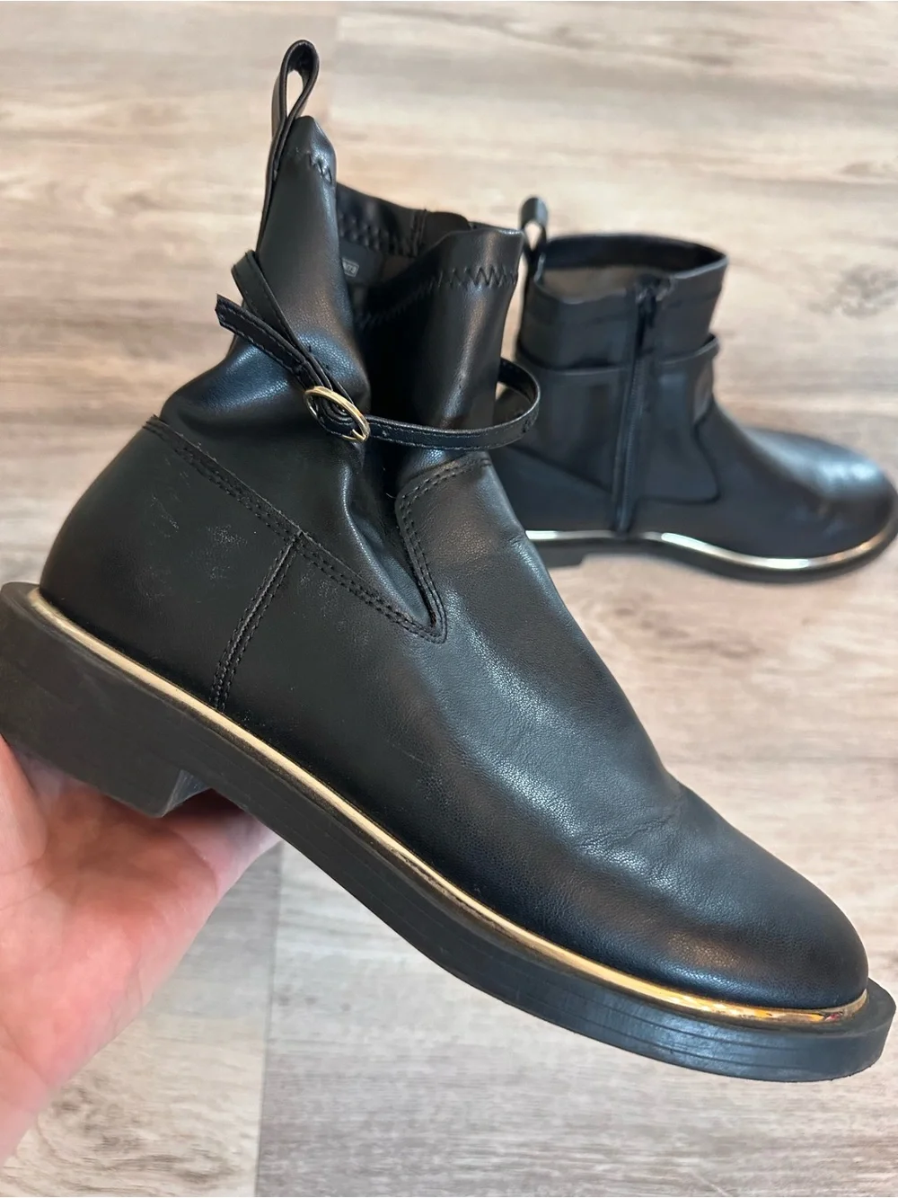 Zara Black Ankle Boots Size 35 Buckle Strap Gold Trim Moto Booties - Picture 2 of 12